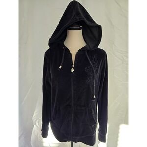 Vintsge Mirror Image Womens Black Velour Zip Up Hoodie Jacket Embroidery Charm M